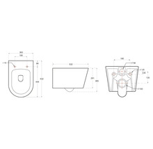 Teknisk ritning av en vägghängd toalett med måttangivelser