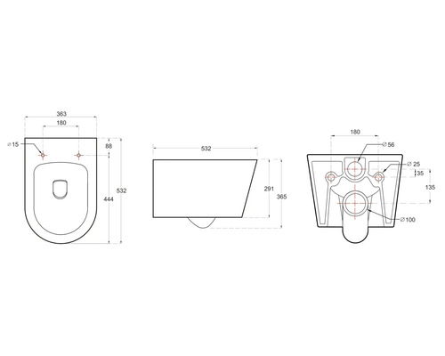 Teknisk ritning av en vägghängd toalett med måttangivelser