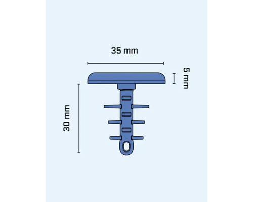 Bild av måtten på en anslutningsdel: 35 mm bred, 5 mm hög, 30 mm lång