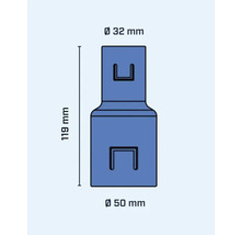 Teknisk ritning av en adapter med måtten 119 mm lång och 32 mm/50 mm diameter.