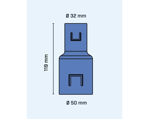 Teknisk ritning av en adapter med måtten 119 mm lång och 32 mm/50 mm diameter.