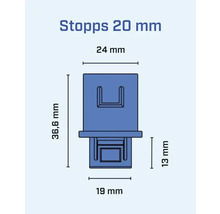 Teknisk ritning av en stopp med måtten 24 mm, 36,6 mm, 19 mm och 13 mm.