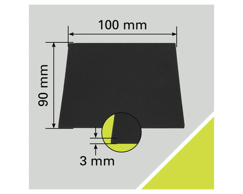 Bild av en gummibuffert som mäter 100 mm gånger 90 mm gånger 3 mm