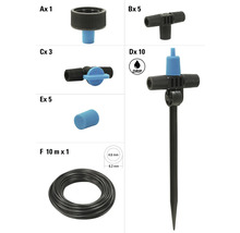 Olika trädgårdsbevattningsdelar och en droppsymbol.