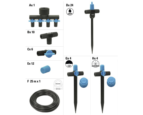 Trädgårdsbevattningssystem med spridare, fördelare, slang och tillbehör