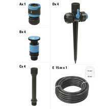 Tillbehörssats för trädgårdsslang bestående av slangkoppling, sprinkler, förlängning och markspiksprinkler plus en 15 meter lång slang