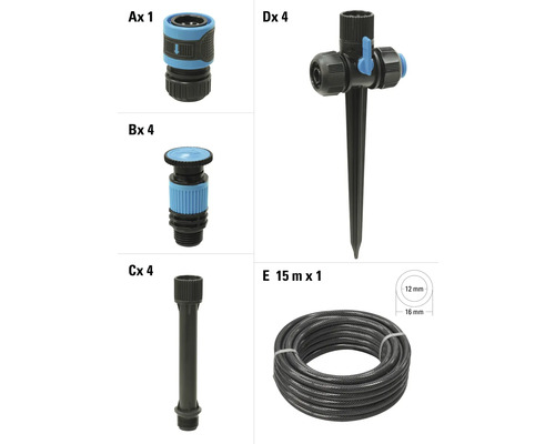 Tillbehörssats för trädgårdsslang bestående av slangkoppling, sprinkler, förlängning och markspiksprinkler plus en 15 meter lång slang