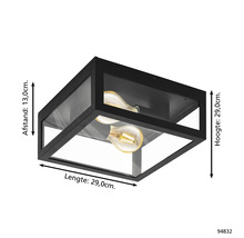 Svart taklampa med två lampor och måttangivelser