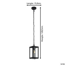 Hänglampa med en höjd på 128,5 cm och en längd på 15 cm.