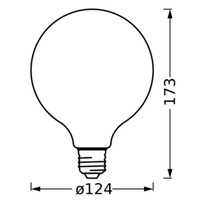 Ritning av en glödlampa med måtten 173 mm höjd och 124 mm diameter