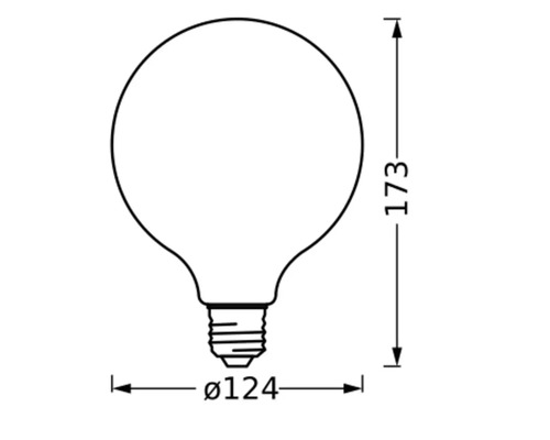 Ritning av en glödlampa med måtten 173 mm höjd och 124 mm diameter