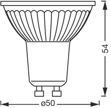Ritning av en GU10-lampa med måtten 54 millimeter hög och 50 millimeter i diameter