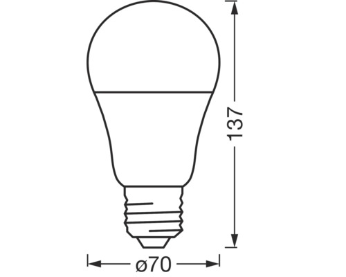 Illustration av en glödlampa med måtten 137 mm hög och 70 mm i diameter