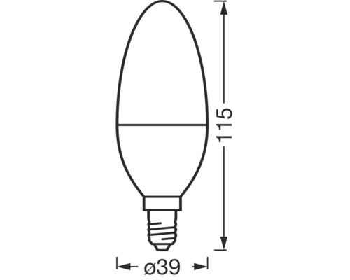 Dimensioner för en E14-ljuskälla med en längd på 115 millimeter och en diameter på 39 millimeter
