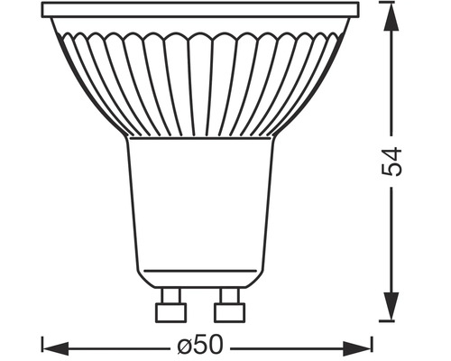 Skiss av en GU10-lampa med mått