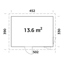 Planritning med måtten 452 x 390 x 330 och en yta på 13,6 kvadratmeter.