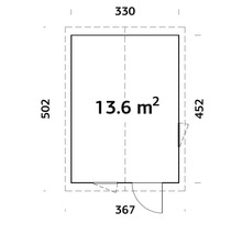 Ritningsskiss med mått för en byggnad: 13,6 kvadratmeter yta, 330 x 502 cm yttermått.