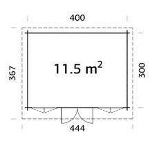 Planritning med måttangivelser för ett trädgårdshus, yta 11,5 kvadratmeter