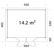 Planritning med måttspecifikationer för trädgårdshus, yta 14.2 kvadratmeter