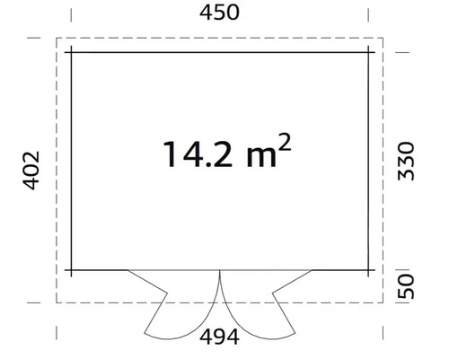 Planritning med måttspecifikationer för trädgårdshus, yta 14.2 kvadratmeter