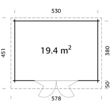 Planritning med mått och en yta på 19,4 kvadratmeter