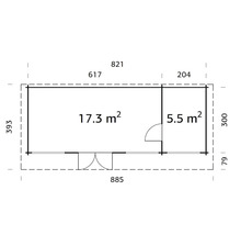 Planritning av ett trädgårdshus med mått