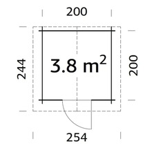 Planritning med mått: 3,8 kvadratmeter yta, 200 centimeter djup, 244 centimeter bredd, 254 centimeter dörrbredd