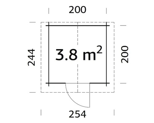 Planritning med mått: 3,8 kvadratmeter yta, 200 centimeter djup, 244 centimeter bredd, 254 centimeter dörrbredd