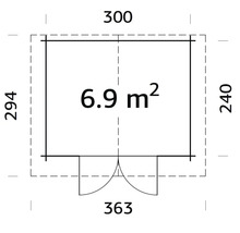 Planritning med mått på cirka 300 x 240 cm och en yta på 6,9 kvadratmeter