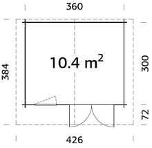 Ritning av ett trädgårdshus med måtten 360 x 426 x 384 cm och en yta på 10,4 m²