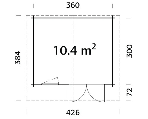 Ritning av ett trädgårdshus med måtten 360 x 426 x 384 cm och en yta på 10,4 m²