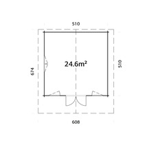 Ritning av ett trädgårdshus med mått och areaangivelse