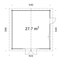Ritning av ett trädgårdshus med måtten 540 gånger 598 centimeter och en yta på 27,7 kvadratmeter