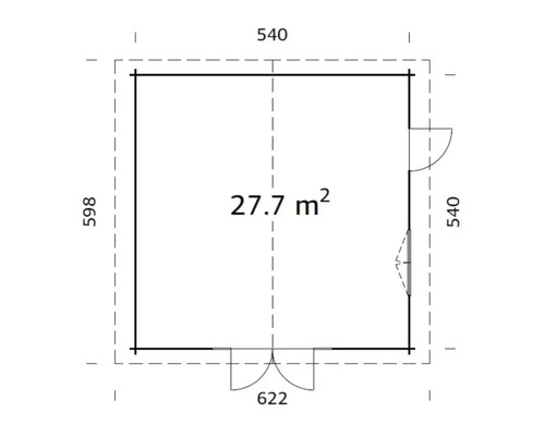 Ritning av ett trädgårdshus med måtten 540 gånger 598 centimeter och en yta på 27,7 kvadratmeter