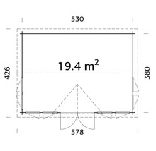 Ritningsplan för ett trädgårdshus med måtten 530 x 426 cm och en yta på 19.4 kvadratmeter.