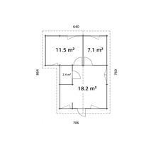 Planritning över ett trädgårdshus med ytangivelser för de enskilda rummen