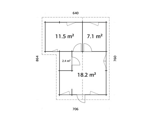 Planritning över ett trädgårdshus med ytangivelser för de enskilda rummen