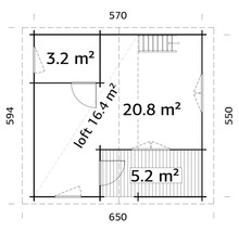 Planritning av ett trädgårdshus med olika rumsstorlekar