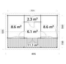 Planritning över ett trädgårdshus med olika rumsstorlekar i kvadratmeter