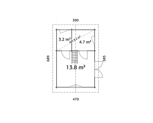 Ritning av ett trädgårdshus med måttangivelser