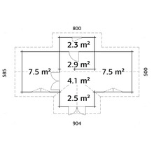 Planritning över ett trädgårdshus med ytuppgifter i kvadratmeter