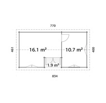 Planritning av ett trädgårdshus med areaangivelser