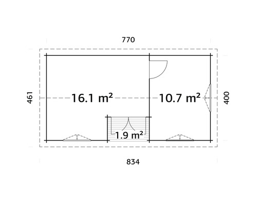 Planritning av ett trädgårdshus med areaangivelser