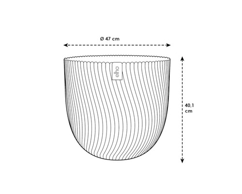 Teknisk ritning av en planteringskärl med måtten diameter 47 centimeter och höjd 40,1 centimeter, Elho Logo