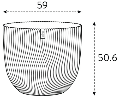 Bild på en blomkruka med måtten 59 x 50,6 centimeter och Elho Logo.