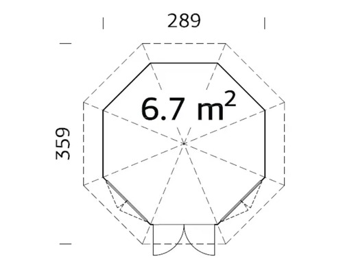 Planritning med måtten 289 och 359 samt areaangivelse 6.7 m²