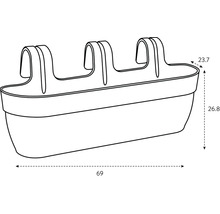 Bild av en balkonglåda med måtten 69 x 23,7 x 26,8 cm.
