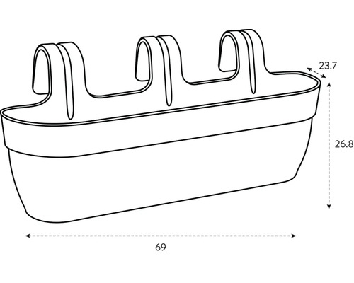 Bild av en balkonglåda med måtten 69 x 23,7 x 26,8 cm.