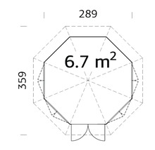 Planritning av ett trädgårdshus med måtten 289 gånger 359 centimeter och en yta på 6,7 kvadratmeter