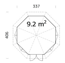 Planritning trädgårdshus med måtten 406 x 337 cm och 9,2 kvadratmeter yta